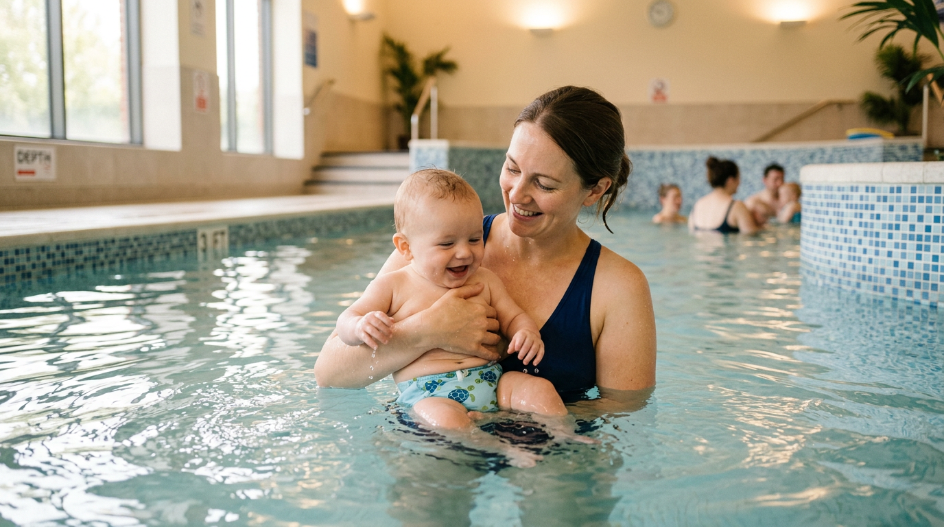 Parent and baby in the pool during a swimming lesson