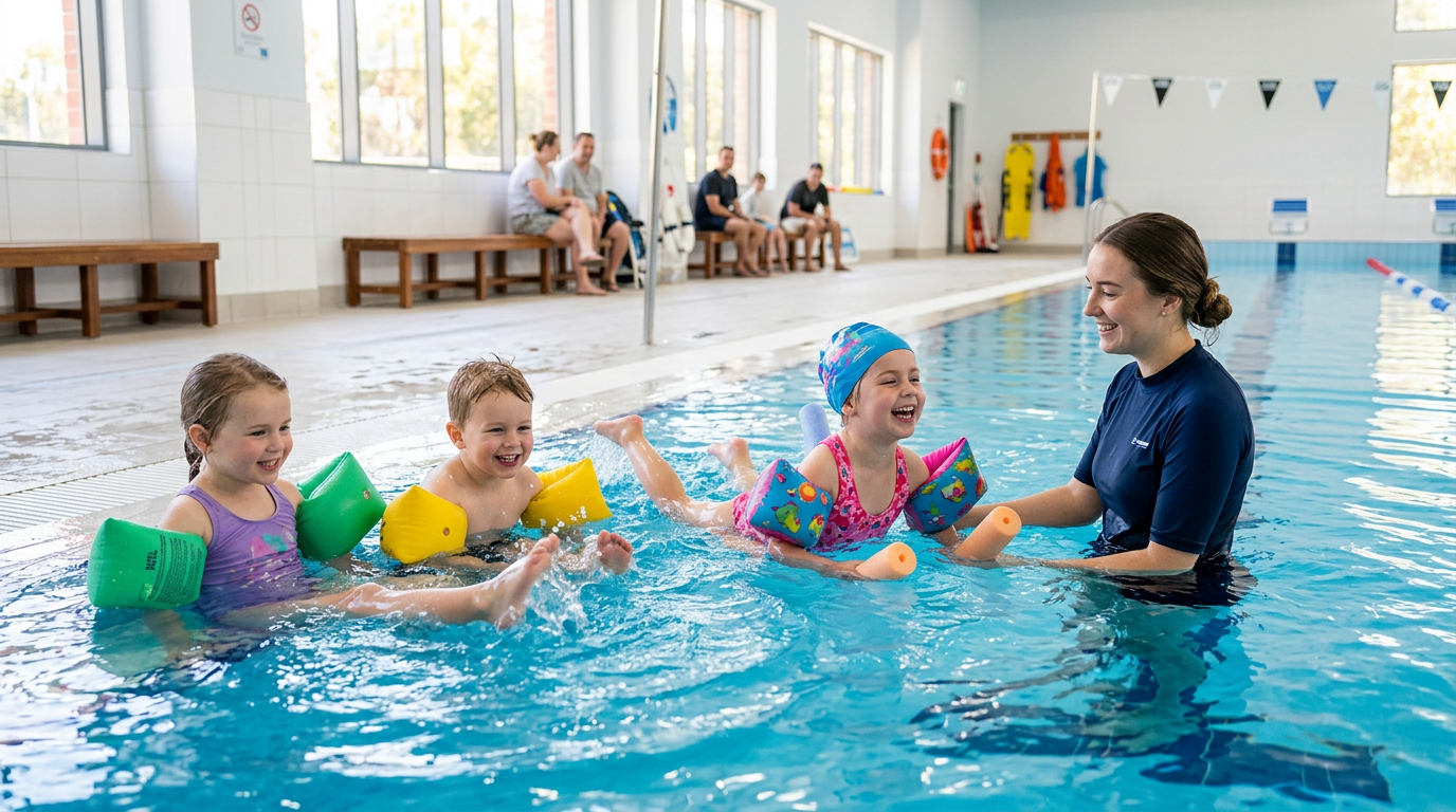Children enjoying swimming lessons in the pool at Halstead Centre